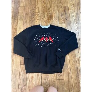 Vintage Grandmacore Black Cardinal Winter Snowflake Embroidered Sweatshirt M